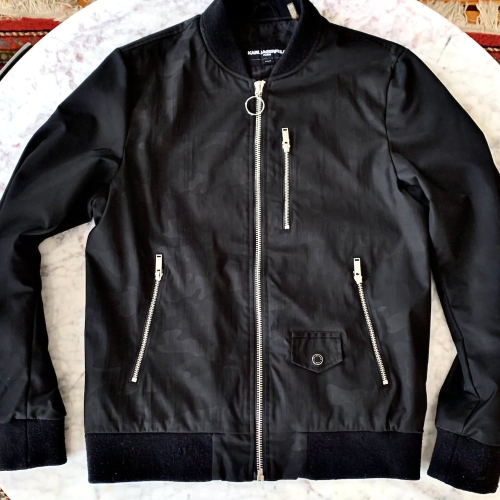Karl Lagerfeld Black Camouflage Jacquard Bomber Jacket